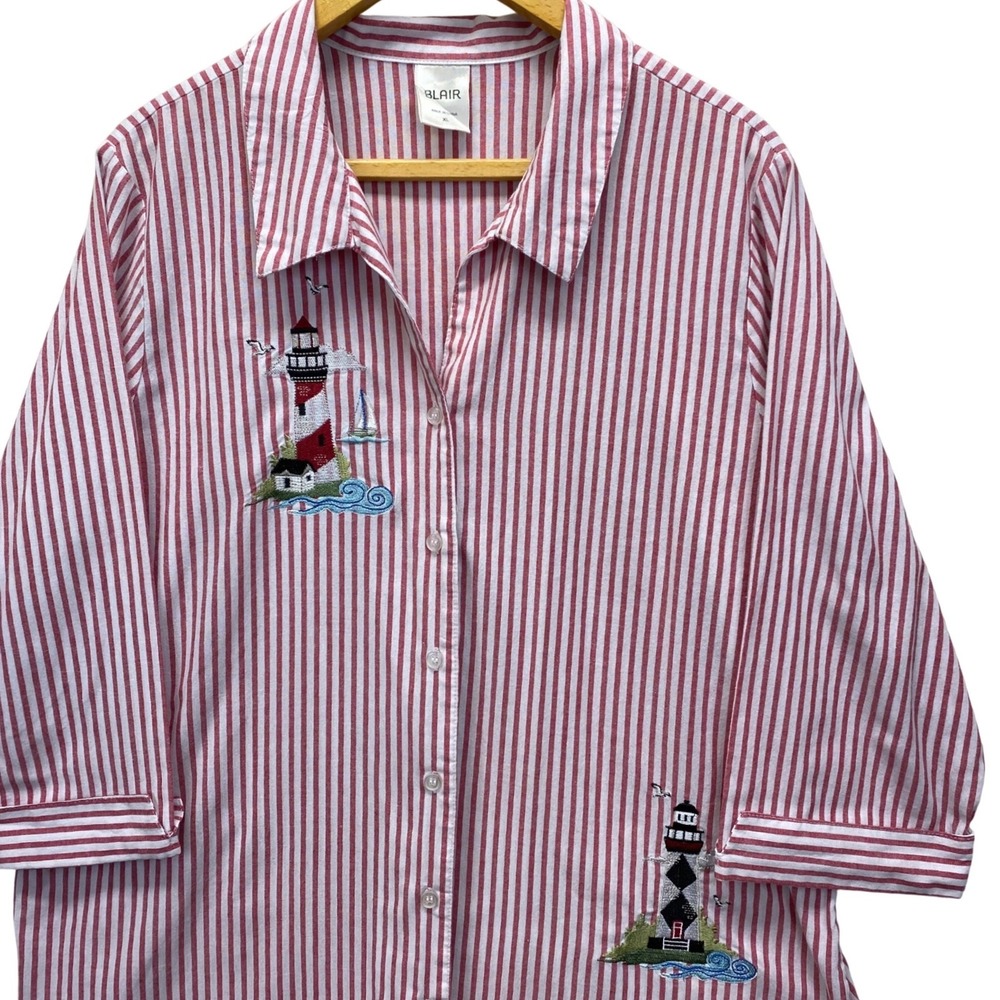 Blair Womens XL Red White Striped Lighthouse‎ Embroidered Button Down Shirt